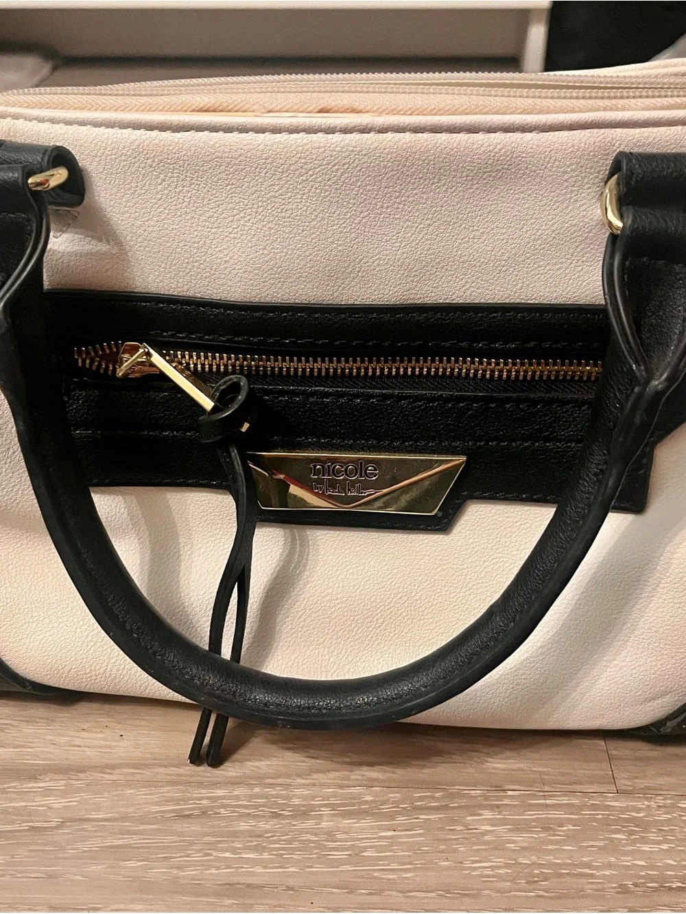 Nicole by Nicole Miller White and Black Satchel with Gold Hardware